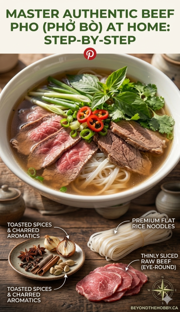 A traditional Vietnamese Beef Pho (Phở Bò) bowl with all ingredients beautifully arranged and realistically labeled, including whole toasted spices and raw sliced beef on wood.