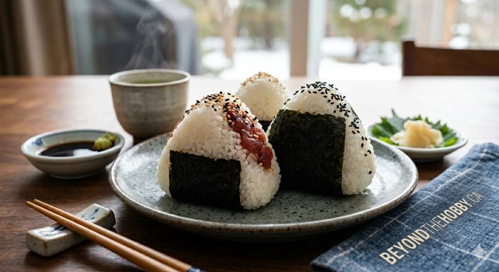 Three fresh Bluefin Tuna Onigiri rice balls served on a ceramic plate.