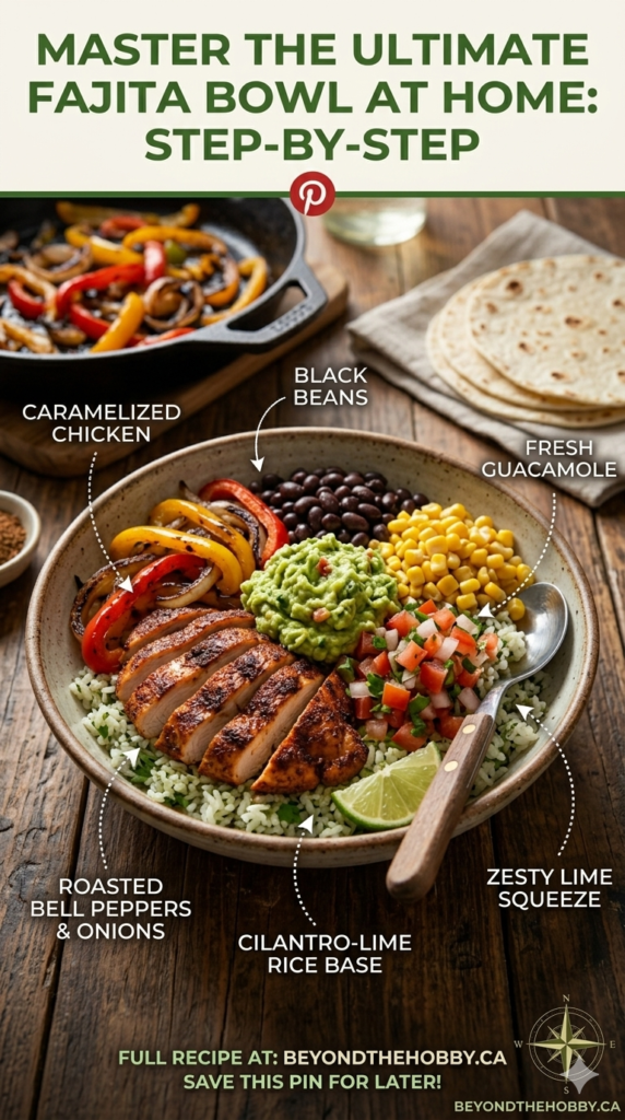 A professional food photography pin of a Fajita Bowl. It features grilled chicken strips, charred bell peppers, cilantro-lime rice, black beans, and guacamole. Labels point to each ingredient on a rustic wooden background