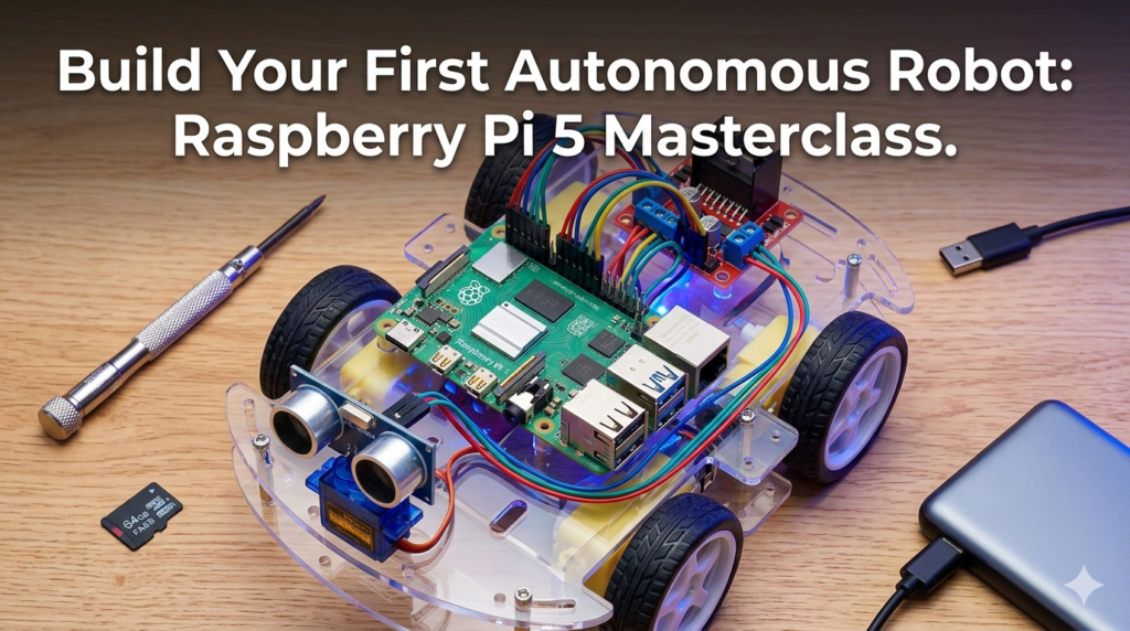 Close-up of a DIY autonomous robot built with Raspberry Pi 5 and obstacle sensors.