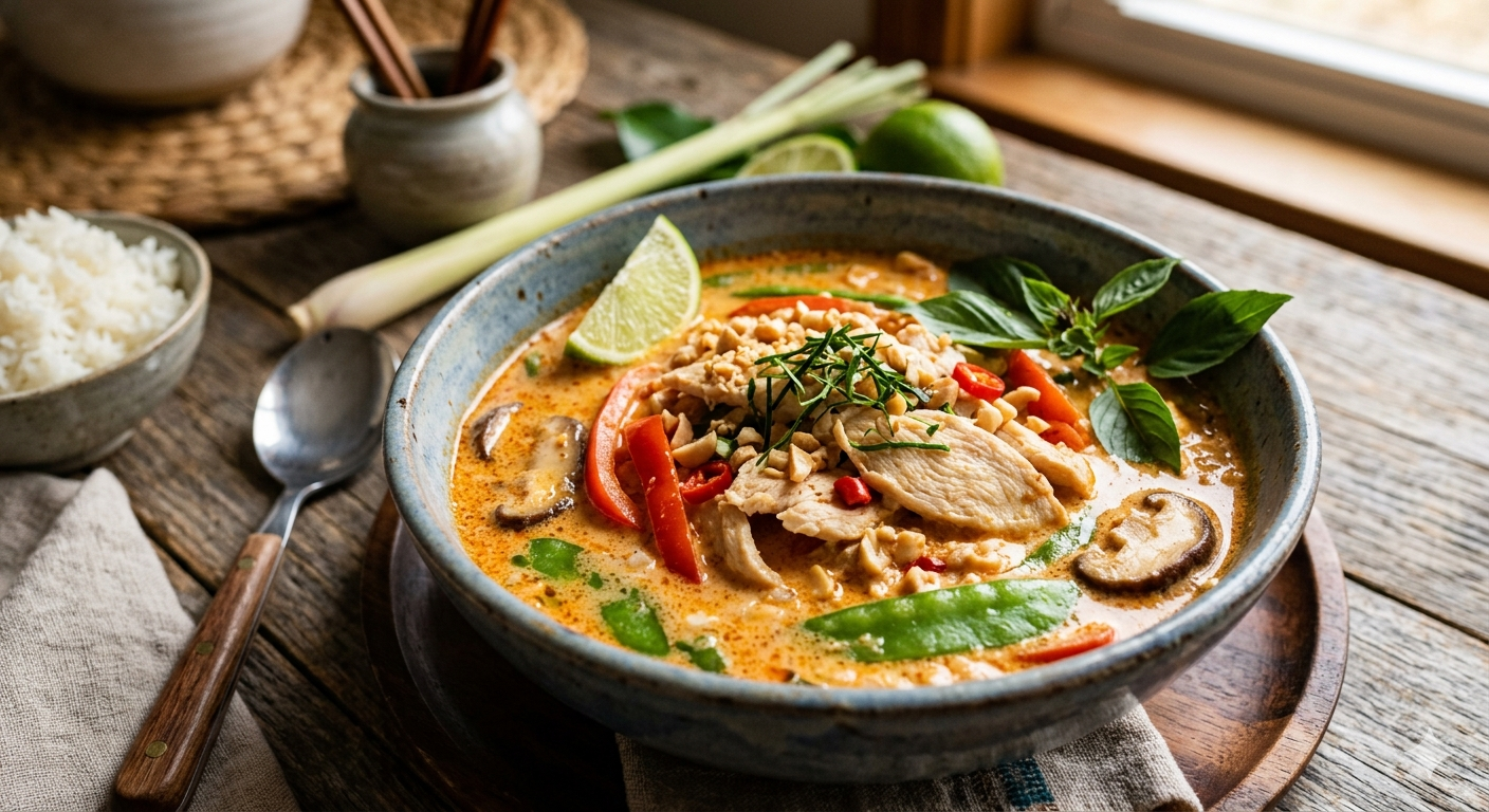 Delicious panang curry soup with vegetables and chicken on a rustic wooden table