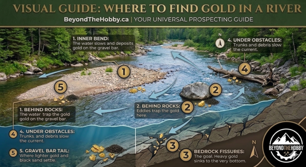 A guide for gold prospectors where you see a river and where to find some nuggets