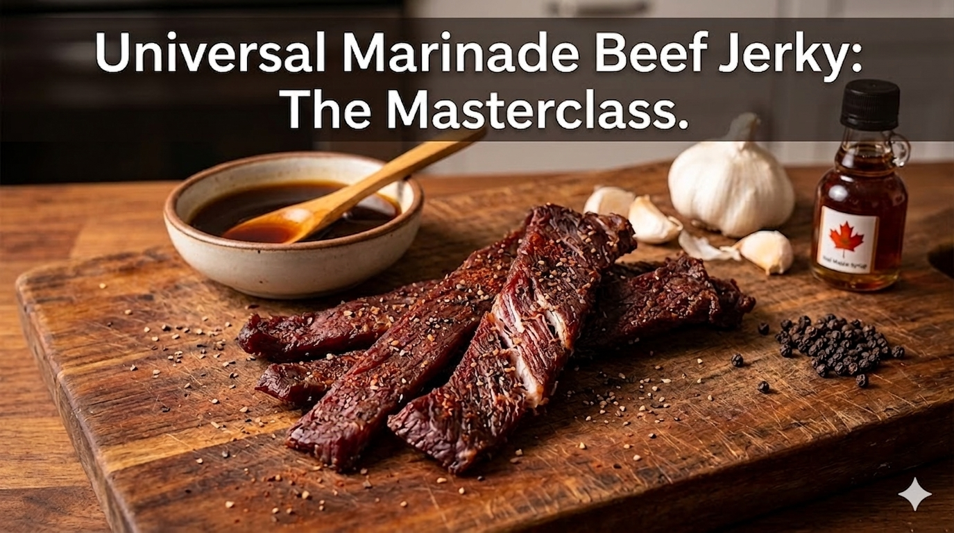 A rustic food photography spread of homemade beef jerky strips on a dark wooden cutting board. The jerky has a rich, glazed texture seasoned with cracked black pepper. Surrounding the jerky are its key ingredients: a bowl of dark savory marinade, a whole garlic bulb, and a small bottle of pure maple syrup. A bold black overlay title reads 'Universal Marinade Beef Jerky: The Masterclass'