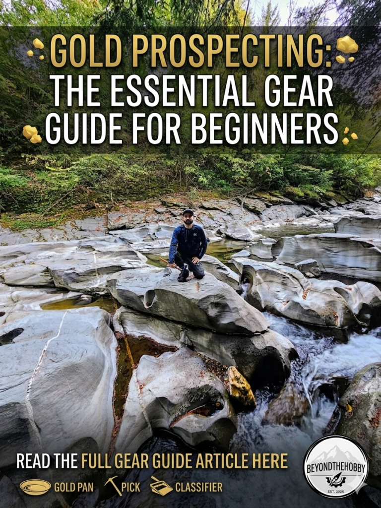 Gold prospecting gear guide for beginners at a rocky river bank.