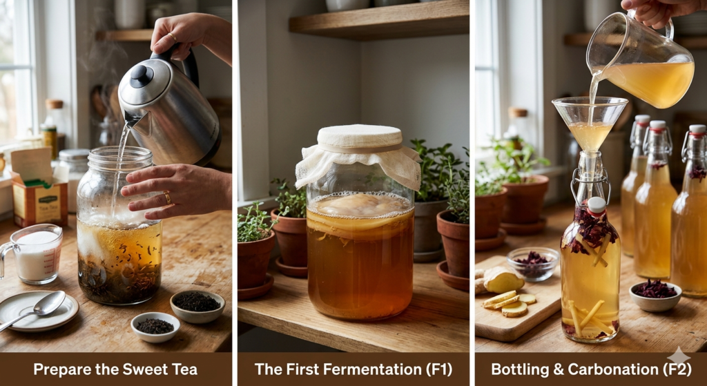 Step-by-step visual guide for making homemade kombucha, showing the complete process in three panels: 1. Preparing hot sweet tea in a large jar. 2. The fermentation jar with the active SCOBY and a breathable cloth cover. 3. Final bottling of fizzy kombucha into airtight swing-top bottles, flavored with fresh ginger and dried hibiscus. Set in a rustic, naturally lit kitchen.