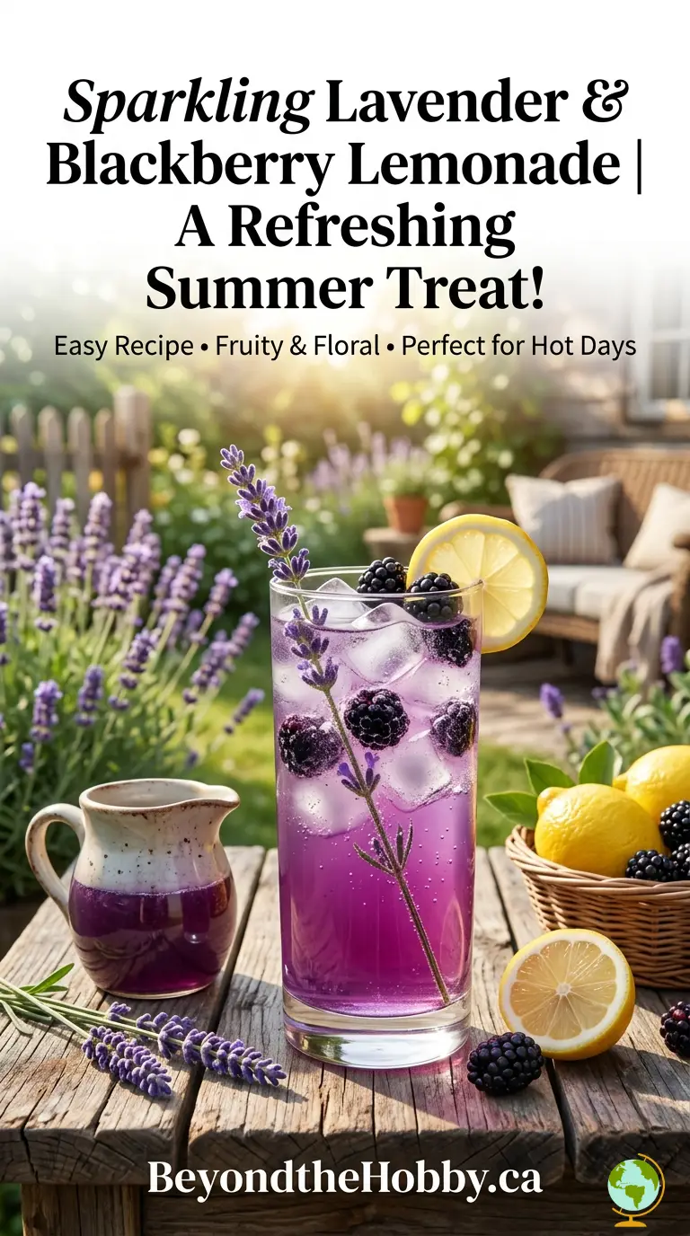 A tall glass of sparkling lavender and blackberry lemonade filled with ice cubes, fresh blackberries, and a lemon slice. The drink has a vibrant purple color and is garnished with a lavender sprig. It sits on a rustic wooden table in a sunny garden with lavender plants in the background. The text on the image reads 'Sparkling Lavender & Blackberry Lemonade' with the website BeyondtheHobby.ca at the bottom.