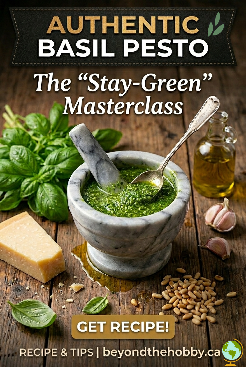 A vibrant green basil pesto in a rustic mortar surrounded by fresh basil leaves, toasted pine nuts, and Parmesan cheese on a dark wood background. Dark banner at the top with text 'Authentic Basil Pesto Masterclass