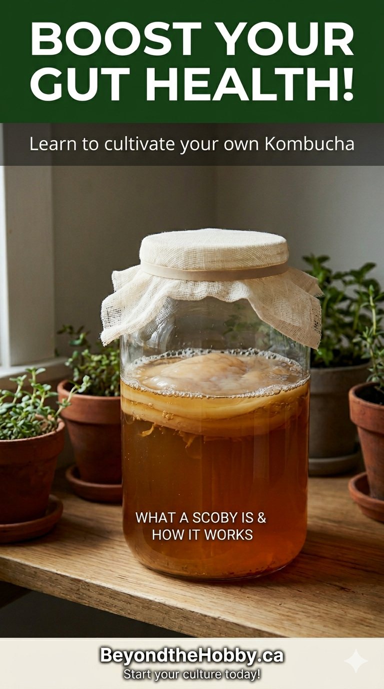 Vertical Pinterest pin for BeyondtheHobby.ca featuring a close-up photo of a large glass kombucha fermentation jar. A healthy, pale SCOBY floats on top of the amber liquid, with active fermentation bubbles. The jar is covered with breathable cloth and surrounded