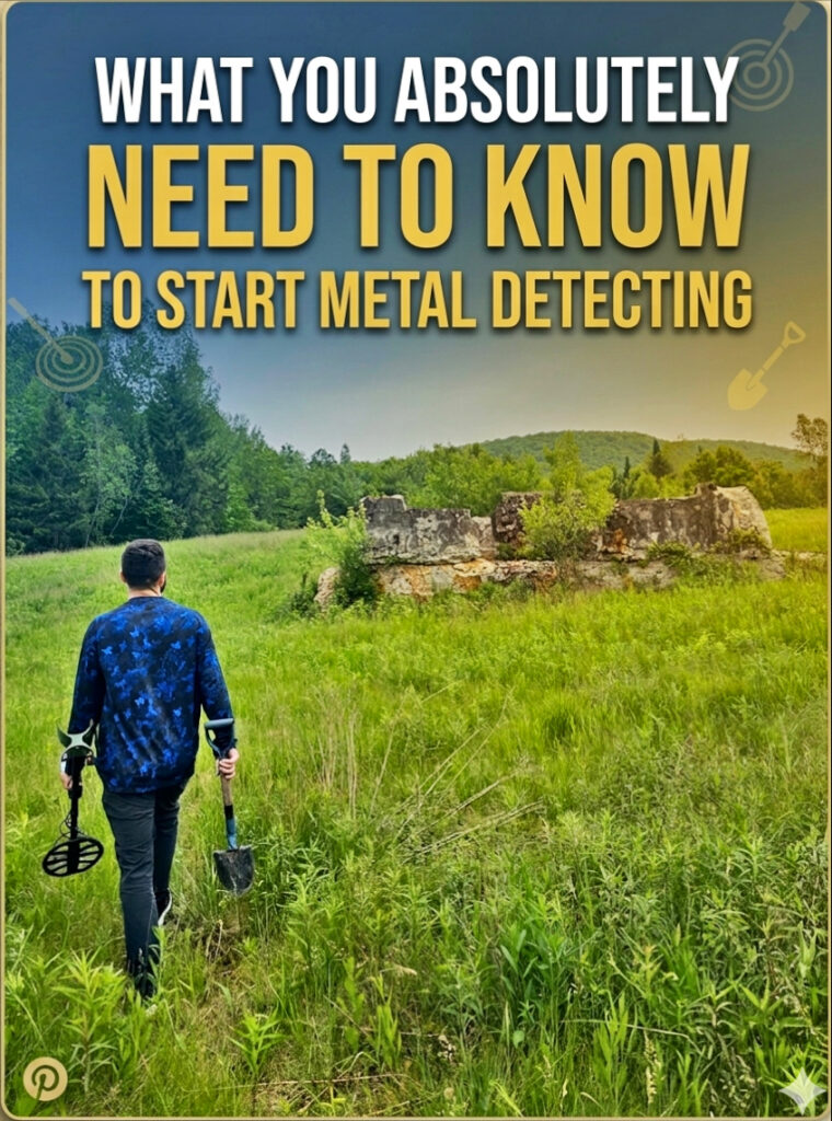 Metal detecting beginner's guide: A person with a detector and shovel walking toward historic ruins.