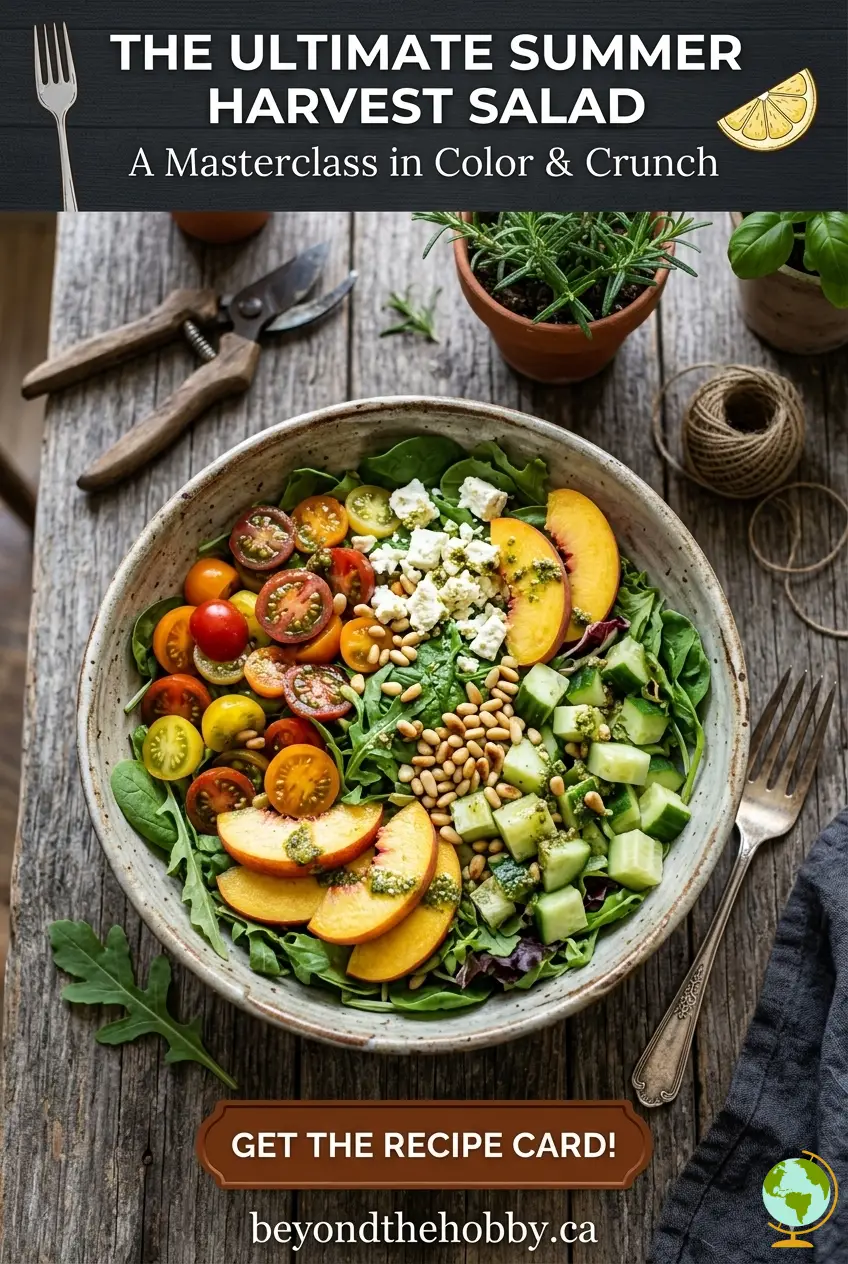 A vertical, natural daylight overhead photograph of a large artisan ceramic bowl filled with a vibrant Summer Harvest Salad (with cherry tomatoes, cucumber, peaches, feta, pesto dressing, toasted pine nuts, and baby greens) on a weathered wooden table. A dark textured banner at the top features the title: 'THE ULTIMATE SUMMER HARVEST SALAD A Masterclass in Color & Crunch'. A brown button at the bottom says: 'GET THE RECIPE CARD!'. URL 'beyondthehobby.ca' is visible. Illustrative fork and lemon icons. Blurred garden tools and potted herbs in the background.