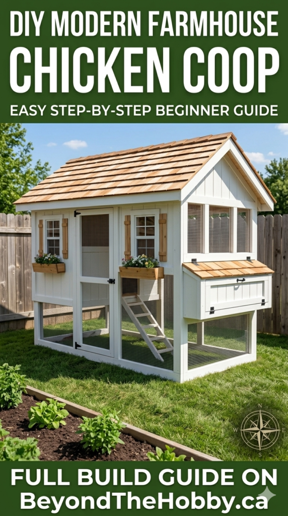 A modern farmhouse chicken coop on a lawn near a garden