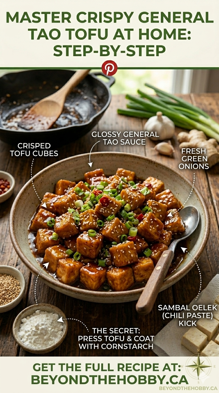 A professional food photography pin showing a bowl of Crispy General Tao Tofu with glossy sauce and green onions. The image includes step-by-step text overlays and a clear call to action to visit beyondthehobby.ca.