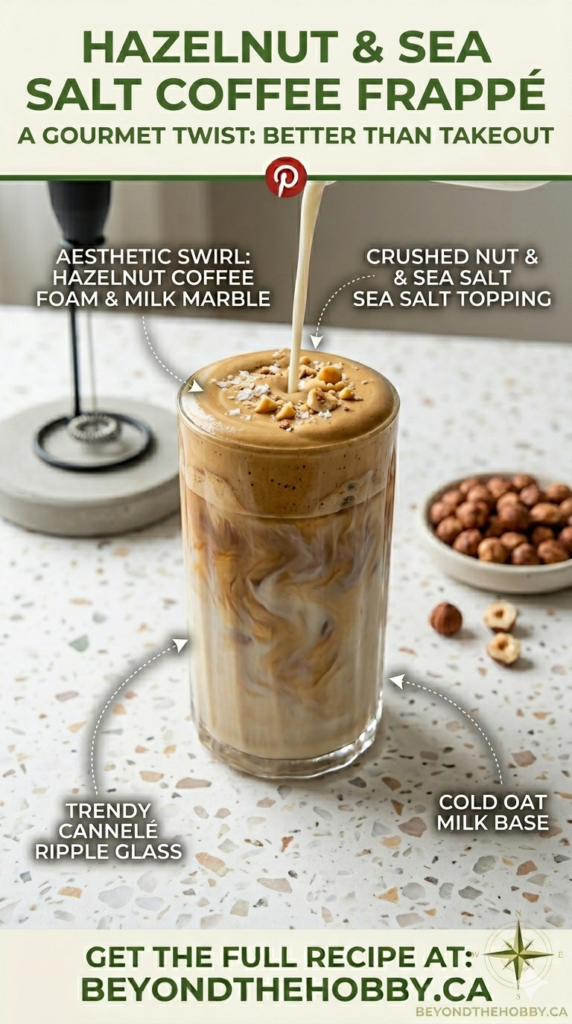 A tall, aesthetic glass of Hazelnut Sea Salt Frappé. Thick caramel-colored coffee foam sits atop cold milk and ice. Crushed hazelnuts and a pinch of salt are visible on top. Rustic wooden background with a large "GET THE FULL RECIPE AT BEYONDTHEHOBBY.CA" text at the bottom.