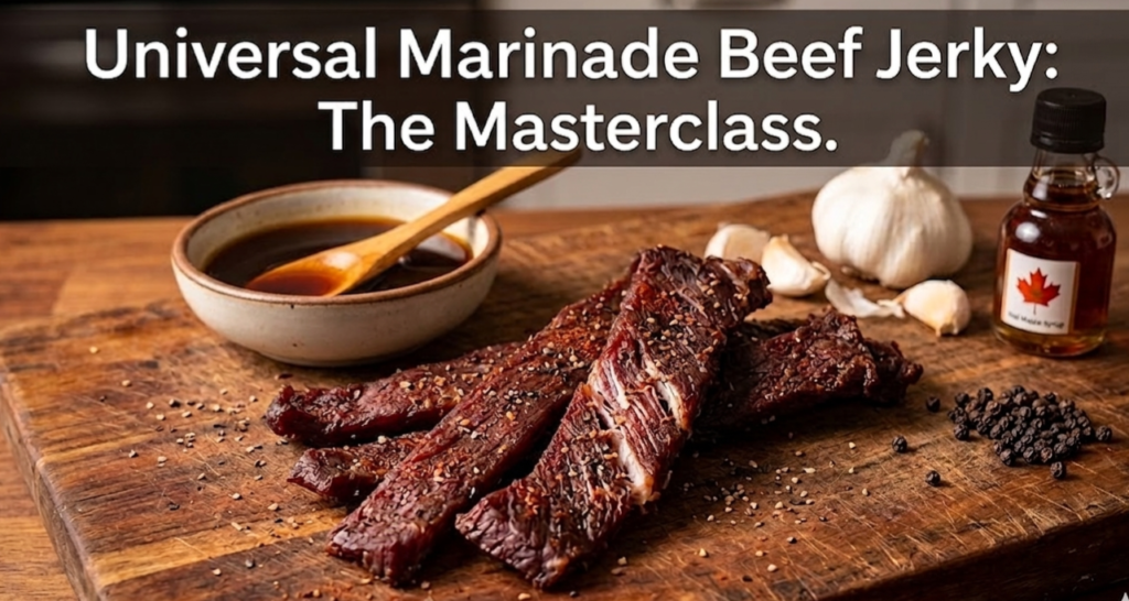 Delicious home-made beef jerky strips with savory marinade on a dark background.