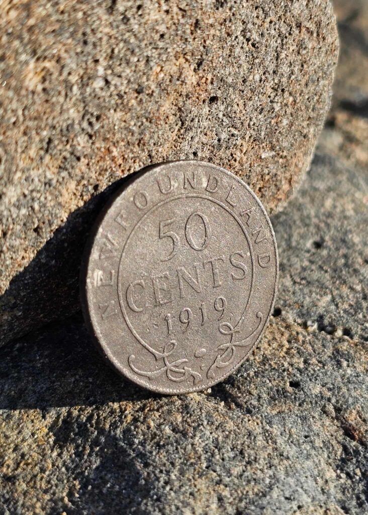 A 50 cent from new foundland leaned on a rock